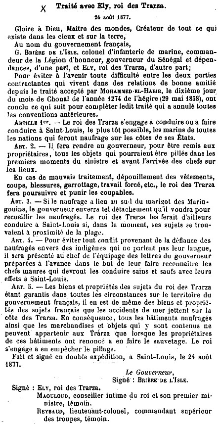 Traité de paix entre la France et Ely, roi des Trarza le 24 août 1877.