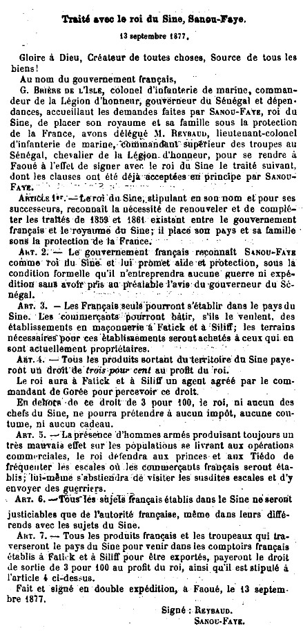 Traité entre la France et le roi du Sine, Sanou-Faye, le 13 septembre 1877.