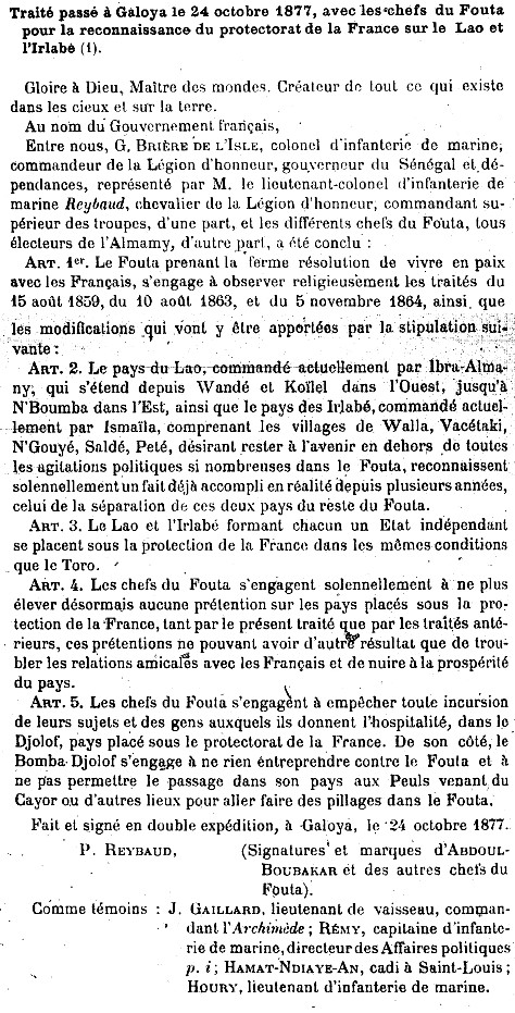 Traité passé à Galoya le 24 octobre 1877, avec les chefs du Fouta pour la reconnaisaance du protectorat français de la France sur le Lao et l'Irlabé.