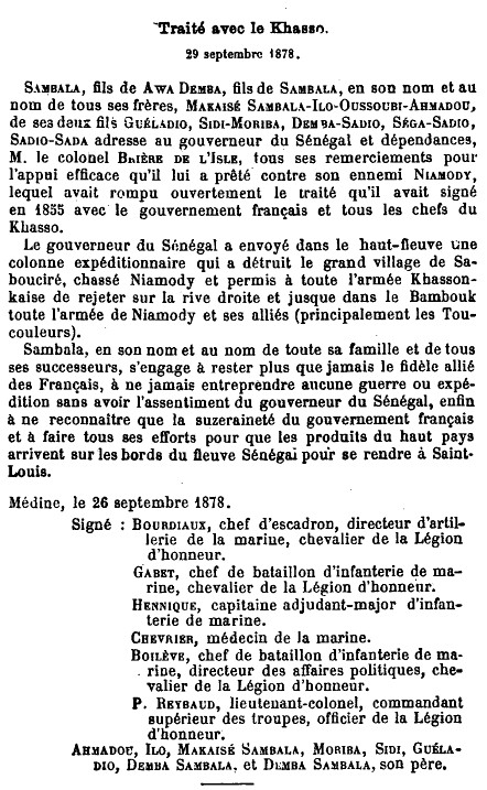 Traité conclu entre la France et le Khasso le 20 septembre 1878.
