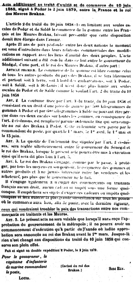 Acte additionnel au traité d'amitié et de commerce du 10 Juin 1858, signé à Podor le 2 juin 1879, entre la France et le roi des Maures Brackna.