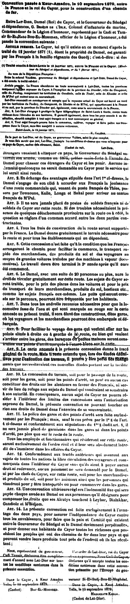 Convention passée à Keur-Amadou, le 10 septembre 1879, entre la France et le Cayor, pour la construction d'un chemin de fer.