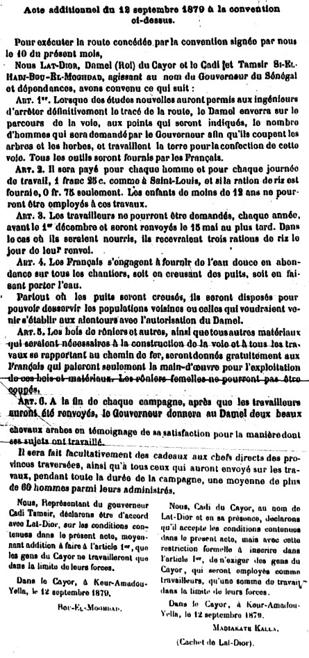 12 septembre 1879, acte additionnel à la convention du 10 septembre 1879 entre la France et le Cayor. 