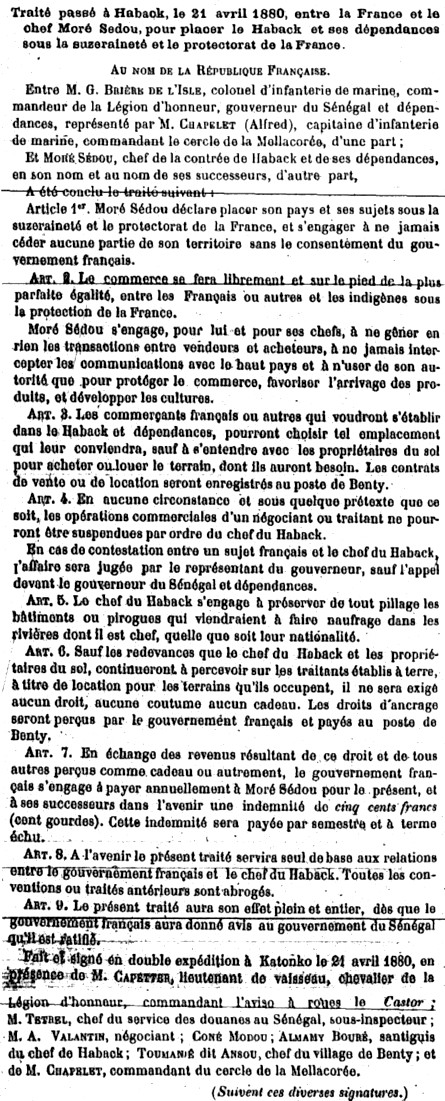 Traité passé à Haback le 21 avril 1880, entre la France et le chef Moré-Sedou, pour placer la Haback et ses dépendances sous la suzeraineté et le Protectorat de la France.