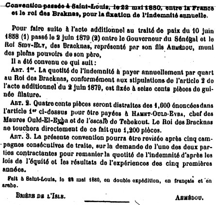  Convention passée à Saint-Louis le 22 mai 1880 entre la France et le Roi des Brackna, pour la fixation de l'indemnité annuelle.