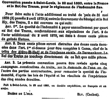 Convention passée à Saint-Louis le 22 mai 1880 entre la France et le Roi des Trarza, pour le règlement de l' indemnité fixe.