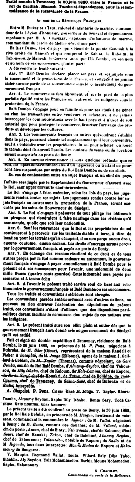  Traité conclu à Tanneney, le 20 juin 1880, entre la France et le Roi de Candiah, Maneah,Tombo et dépendances, pour la reconnaissanced el asuzeraineté de la France.