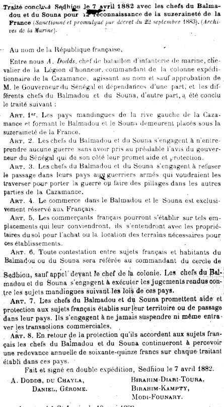 Traité passé à Sédhiou le 11 avril 1882, avec les chefs du Paka pour placer leur pays sous la suzeraineté de la France.