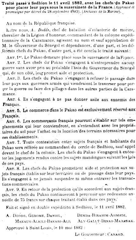 Traité passé à Sédhiou le 11 avril 1882, avec les chefs du Pakao pour placer leur pays sous la suzeraineté de la France.