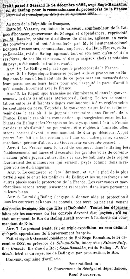 Traité passé à Gassand le 14 décembre 1882, avec Sago-Bamakha, roi du Bafing, pour la reconnaissance du protectorat de la France.