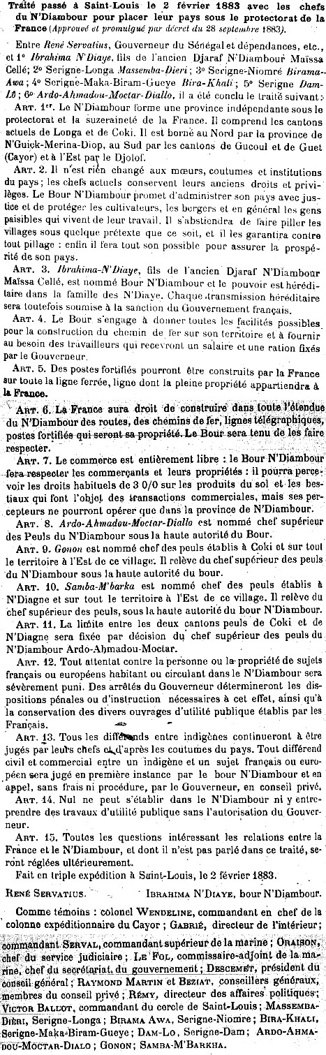 Traité passé à Saint-Louis le 2 février 1883 avec les chefs du N’diambour pour placer leur pays sous le protectorat de la France.