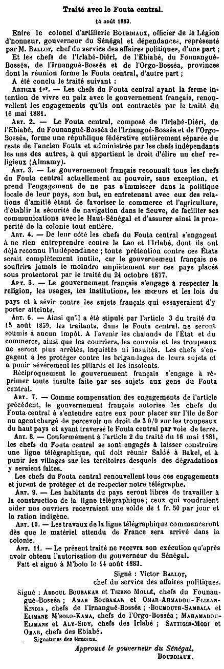 Traité conclu entre la France et le Fouta central le 14 août 1883.