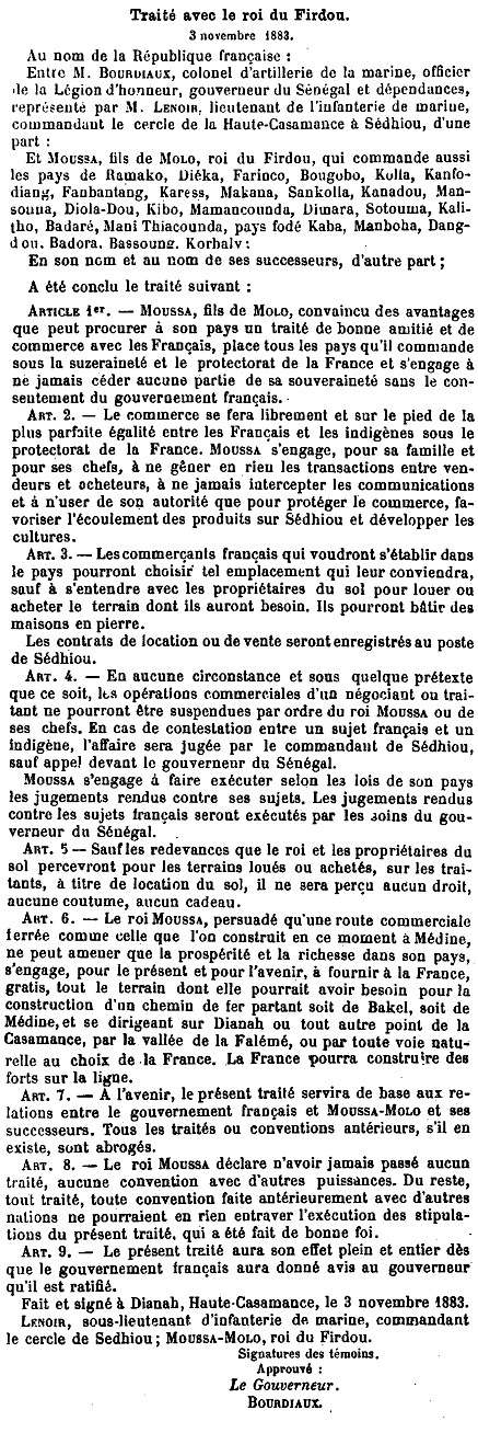 Traité conclu entre la France et le roi du Firdou, 3 novembre 1883.