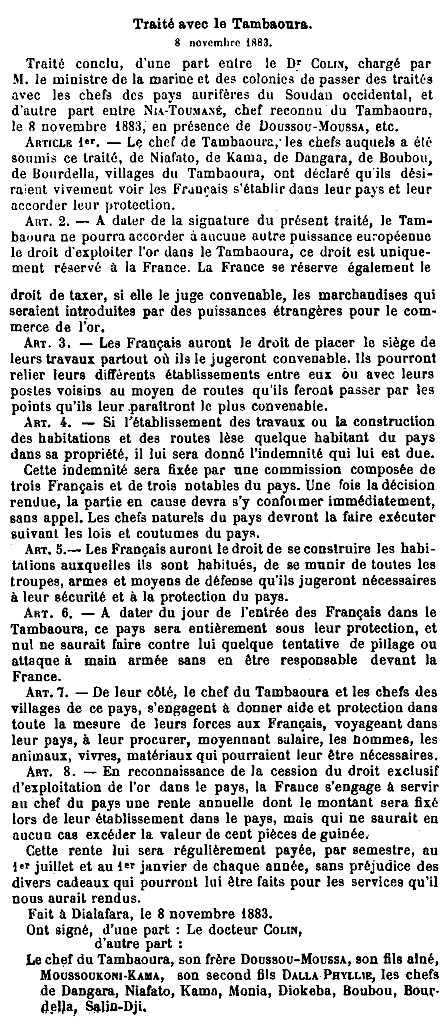 Traité conclu entre la France et le Tambaoura, 8 novembre 1883.