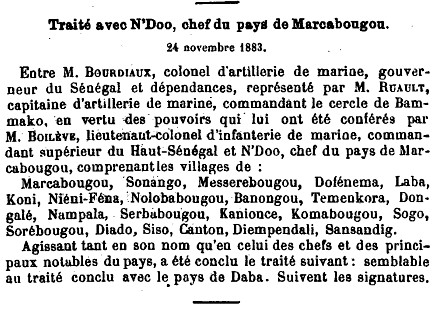 Traité conclu entre la France et N’Doo, chef du pays de Marcabougou, le 24 novembre 1883.