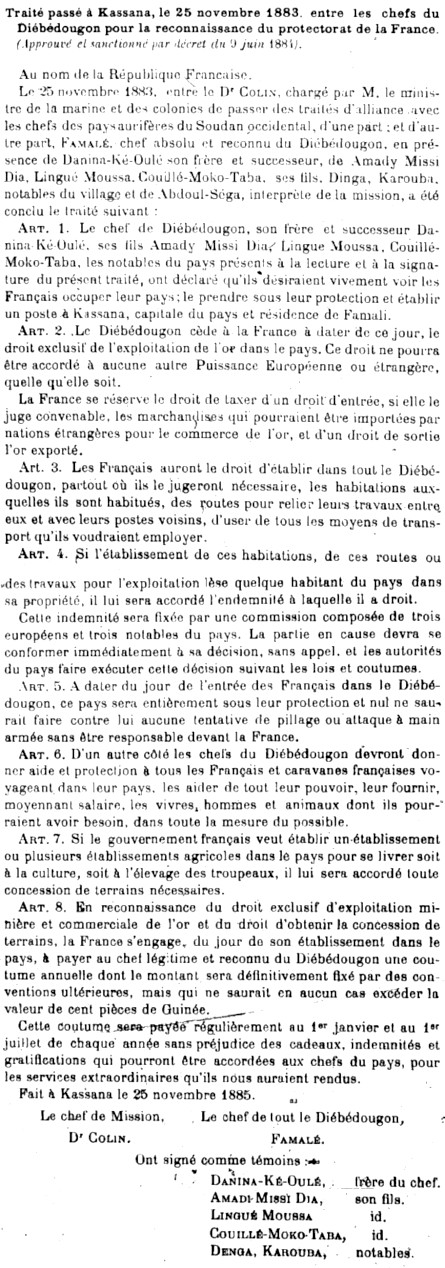 Traité passé à M'Betète le 28 août 1883 avec le Damel du Gayor pour la reconnaissance du protectorat de la France.