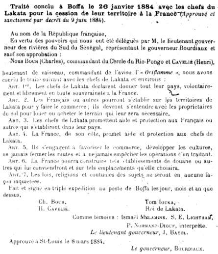Traité conclu à Boffa (Rio-Pongo) le 26 janvier 1884 avec les chefs du Lakata pour la cession de leur territoire à la France.