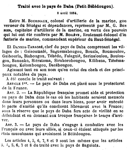 Traité conclu entre la France et le pays de Daba (Petit-Bélédougou), le 8 avril 1884.