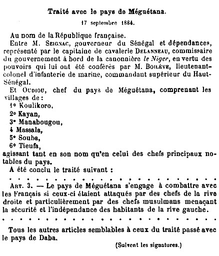 Traité conclu entre la France et le pays de Méguétana, le 17 septembre 1884.
