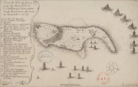 Plan de l'isle de Gorée avec ses deux forts et le combat que nous avons rendu le premier du mois de novembre 1677