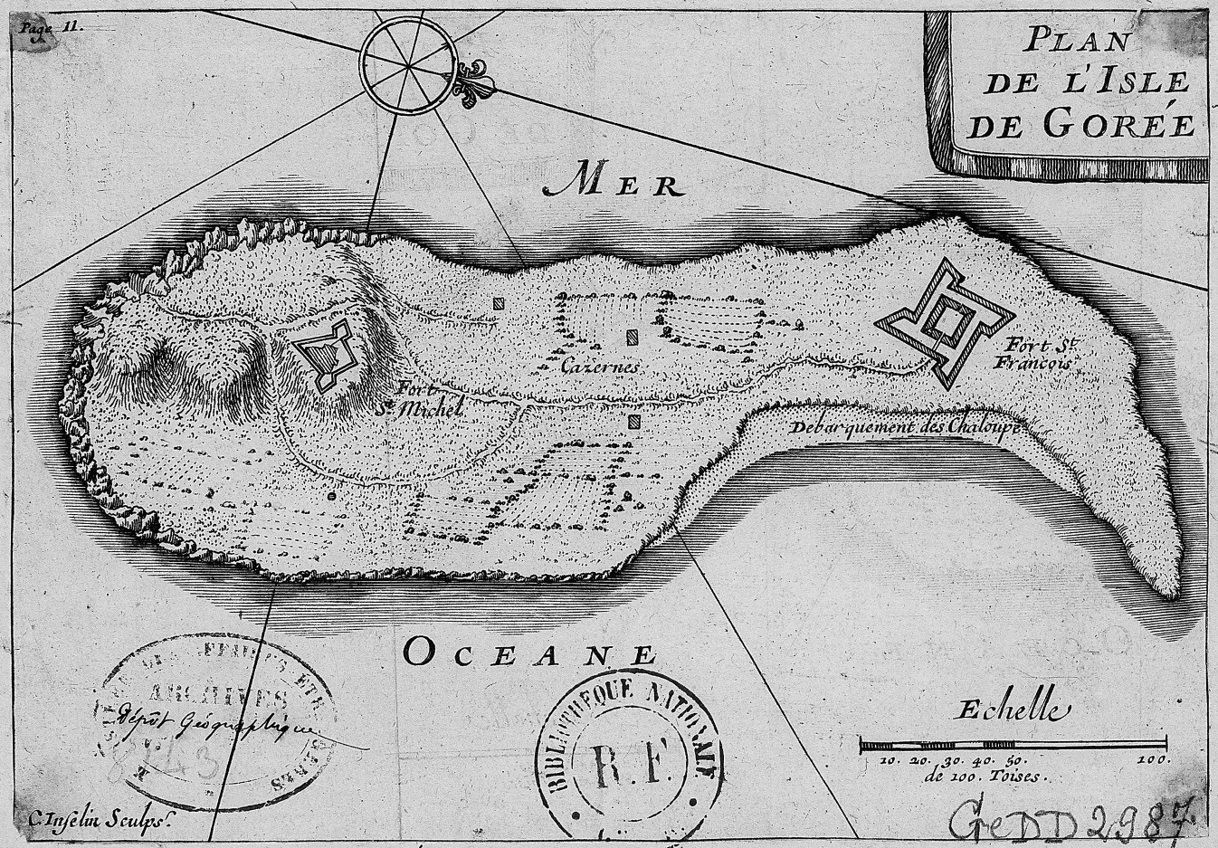Carte de l'île de Gorée en 1750 C. Inselin