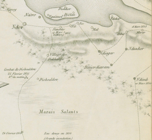 Carte du Sénégal de Podor à Saint-Louis, avec les itinéraires des colonnes expéditionnaires du Sénégal pendant les années 1855-1856 par L. Faidherbe,dessiné par le sergent Galibardy