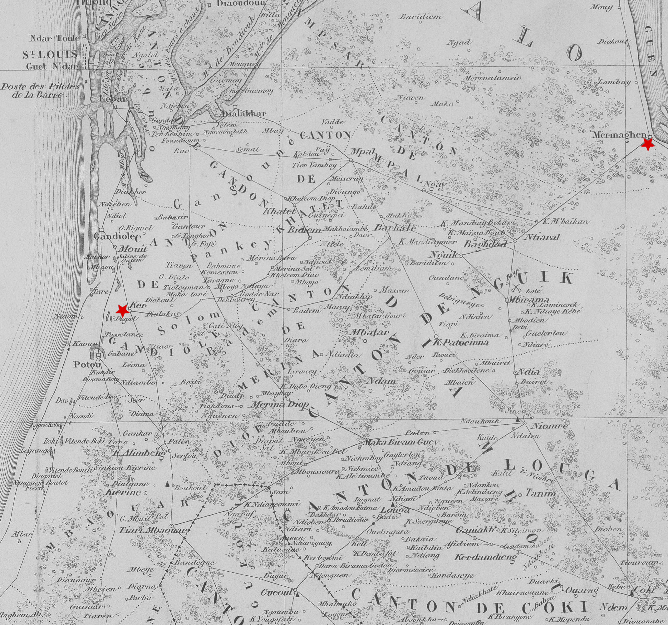 Extrait Carte des pays situés entre Gorée et Saint Louis: comprenant le Diambour, le Cayor, le Saniokhor, le Diander et le Baol / par M. Regnault, Lieutenant de Vaisseau en 1865; gravé par Pépin-Malherbe