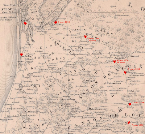 Extrait Carte des pays situés entre Gorée et Saint Louis: comprenant le Diambour, le Cayor, le Saniokhor, le Diander et le Baol / par M. Regnault, Lieutenant de Vaisseau en 1865; gravé par Pépin-Malherbe
