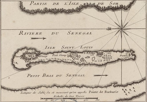 Carte de l' Île Saint-Louis du Sénégal vers 1700 source Gallica