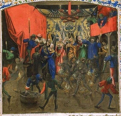 Bal des ardents par le Maître d'Antoine de Bourgogne (années 1470), montrant un danseur dans le tonneau de vin au premier plan, Charles s'abritant sous les jupons de la duchesse au milieu à gauche, et des danseurs « ardents » au centre. Chroniques de Froissart, BNF, vers 1470.