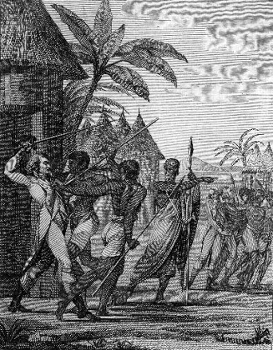 Arrestation d'André Brue par le Damel du Cayor Gravure parue en 1802 dans l' Atlas pour servir au voyage du Sénégal de Jean-Baptiste Durand (source BnF)